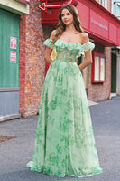 Laden Sie das Bild in den Galerie-Viewer, Blumen A Linie Schulterfreies Korsett Langes Grünes Ballkleid