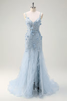 Laden Sie das Bild in den Galerie-Viewer, Meerjungfrau Grünes Korsett Spaghettiträger Langes Ballkleid mit 3D-Blumen