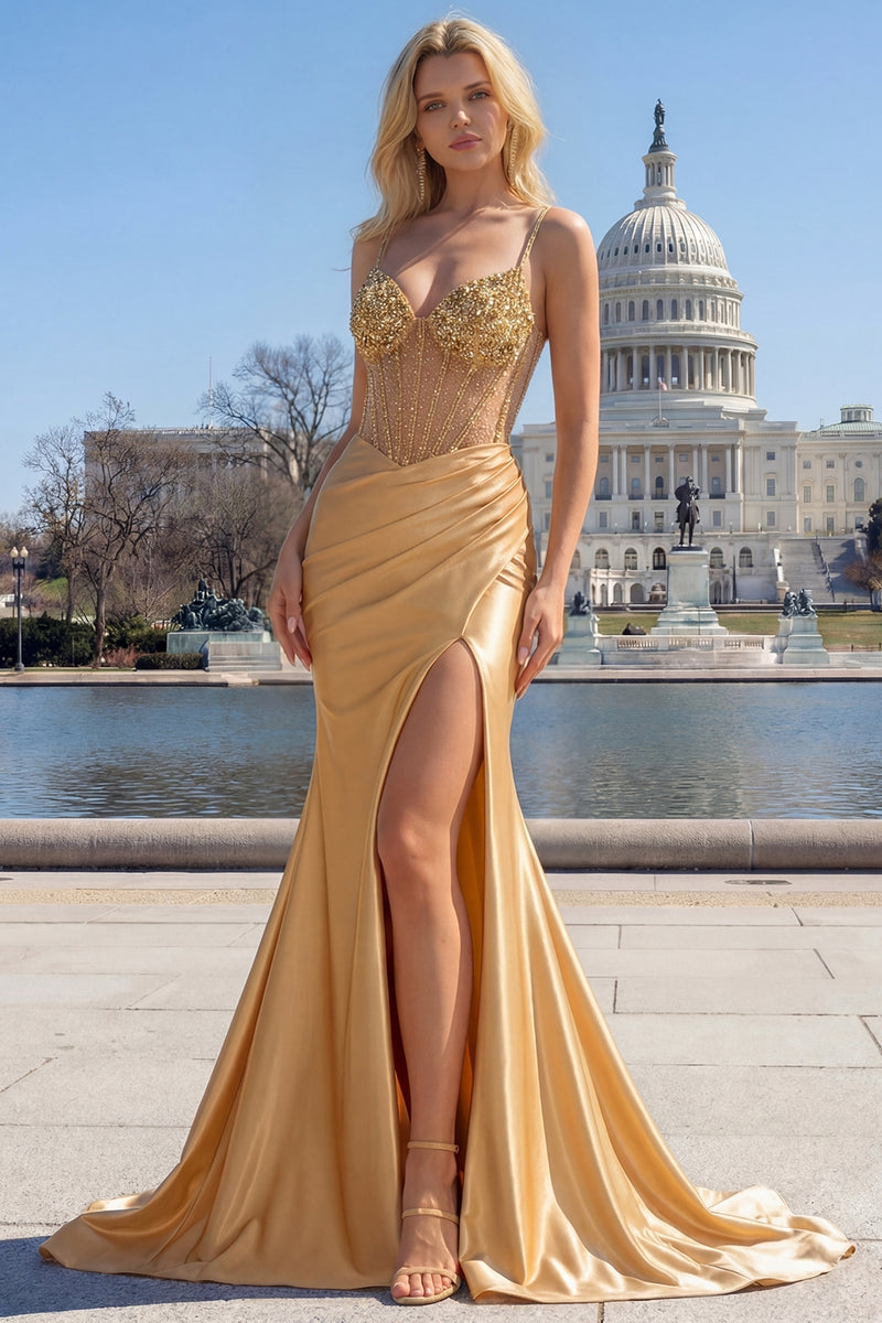 Laden Sie das Bild in den Galerie-Viewer, Glitzernde goldene Meerjungfrau Spaghettiträger Korsett Langes Ballkleid mit Schlitz