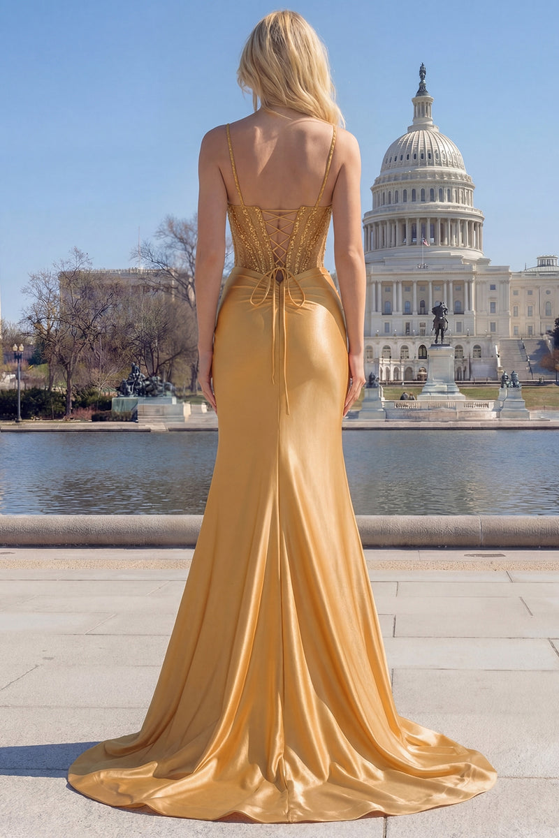 Laden Sie das Bild in den Galerie-Viewer, Glitzernde goldene Meerjungfrau Spaghettiträger Korsett Langes Ballkleid mit Schlitz