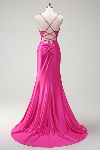 Glitzerndes fuchsia Meerjungfrau Spaghettiträger Perlenbesetztes Satin Langes Ballkleid mit Schlitz