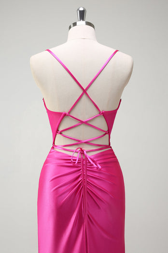 Glitzerndes fuchsia Meerjungfrau Spaghettiträger Perlenbesetztes Satin Langes Ballkleid mit Schlitz