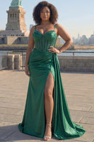Laden Sie das Bild in den Galerie-Viewer, Glitzerndes Königsblaues Meerjungfrauen gerafftes Satin Langes Ballkleid mit Schlitz