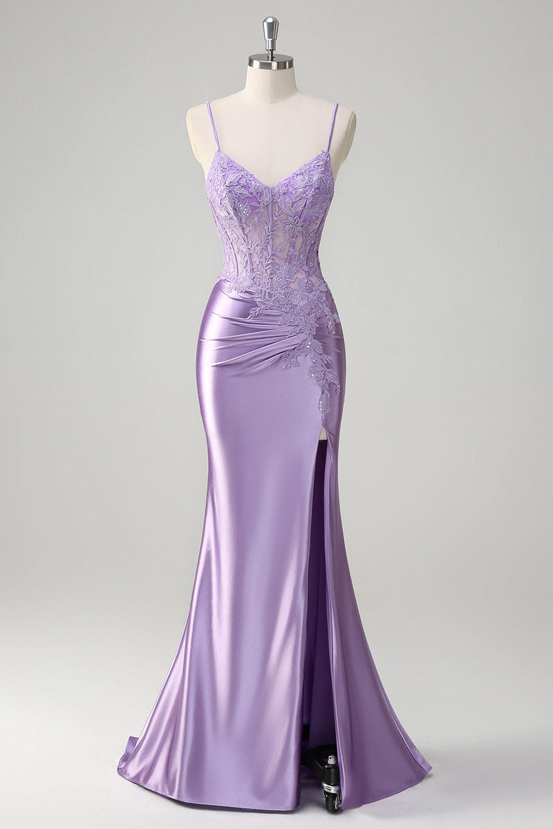 Laden Sie das Bild in den Galerie-Viewer, Flieder Meerjungfrauen Besticktes Langes Plus Size Ballkleid mit Schlitz