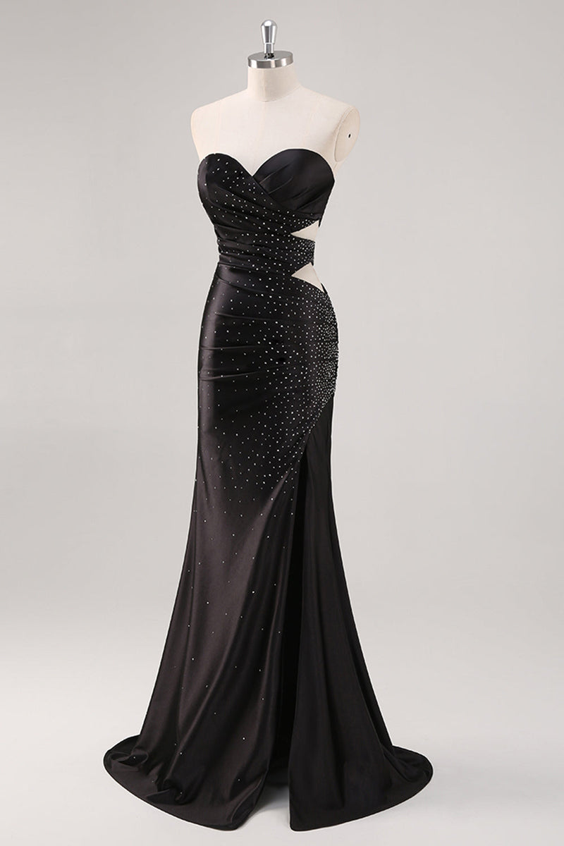 Laden Sie das Bild in den Galerie-Viewer, Glitzerndes Herzausschnitt Schwarzes Etui Ballkleid mit Schlitz