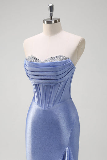 Glitzerndes grau-blaues Langes Meerjungfrauen Satin Abendkleid mit Schlitz