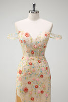 Laden Sie das Bild in den Galerie-Viewer, Glitzerndes Champagner Meerjungfrauen schulterfreies geblümtes Langes Ballkleid mit Schlitz