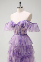 Laden Sie das Bild in den Galerie-Viewer, Flieder A-Linie Korsett Blumen Rüschen Langes Ballkleid mit Schlitz