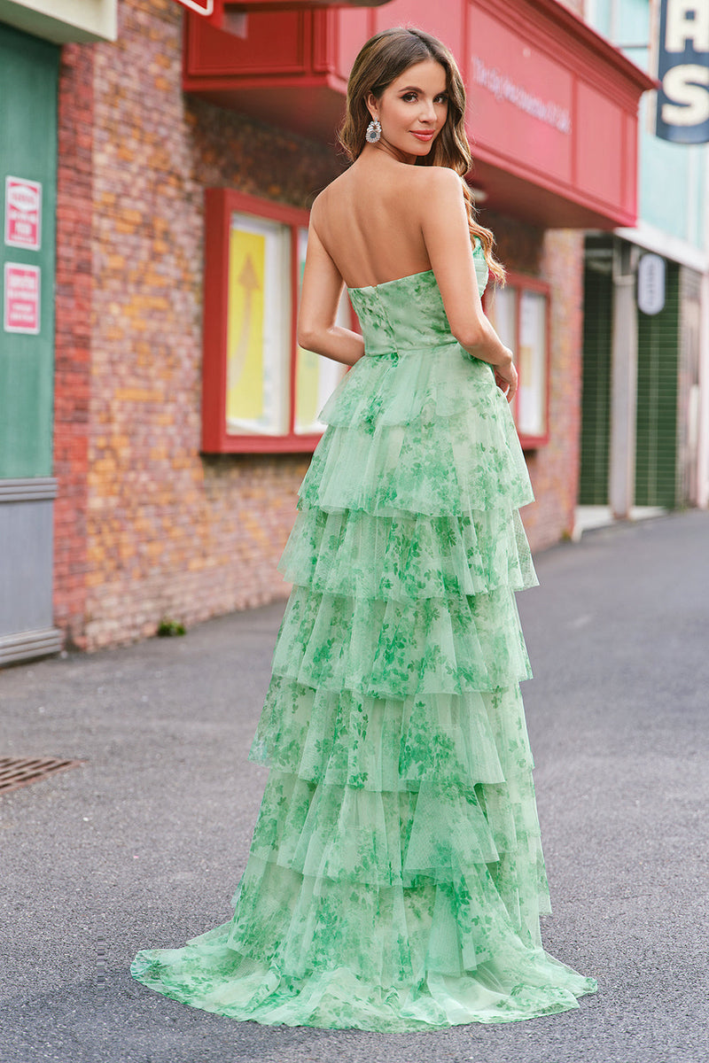 Laden Sie das Bild in den Galerie-Viewer, Grünes geblümtes A-Linie trägerloses Ballkleid mit Rüschen und Schlitz