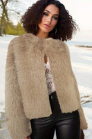 Laden Sie das Bild in den Galerie-Viewer, Schwarzer flauschiger Mantel mit Rundhalsausschnitt und langen Ärmeln aus Kunstpelz