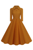 Laden Sie das Bild in den Galerie-Viewer, Gelbes Peter-Pan-Kragen Langärmeliges A-Linie Midikleid aus den 1950er Jahren