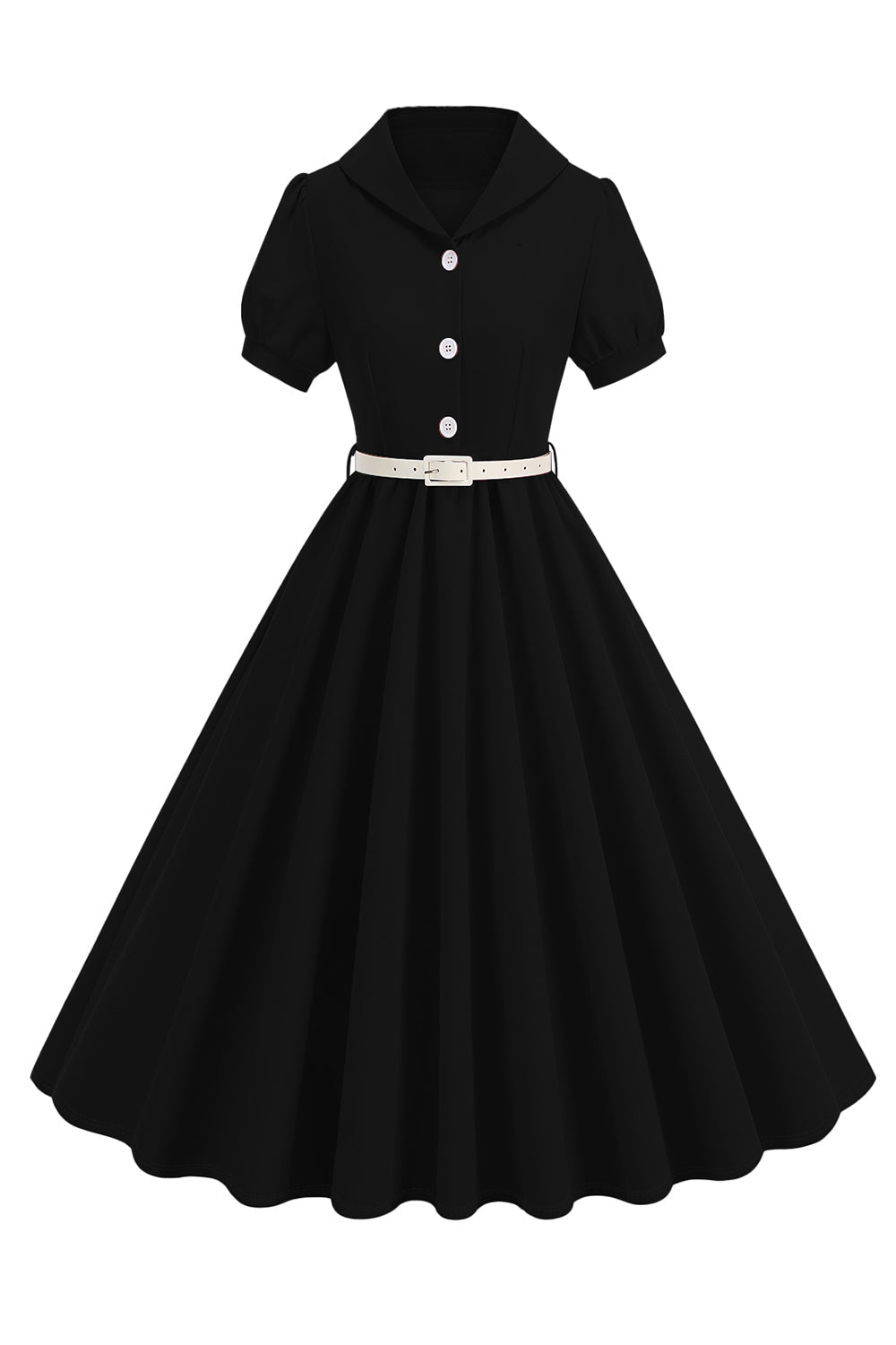 Schwarzes A-Linie V-Ausschnitt Midikleid mit kurzen Ärmeln aus den 1950er Jahren mit Gürtel