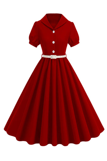 Schwarzes A-Linie V-Ausschnitt Midikleid mit kurzen Ärmeln aus den 1950er Jahren mit Gürtel