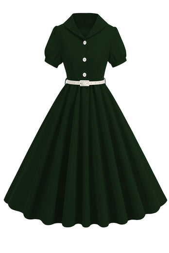 Schwarzes A-Linie V-Ausschnitt Midikleid mit kurzen Ärmeln aus den 1950er Jahren mit Gürtel