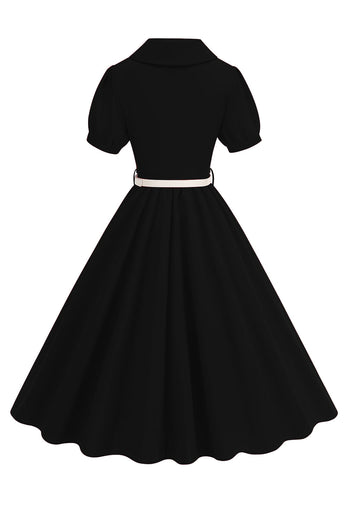 Schwarzes A-Linie V-Ausschnitt Midikleid mit kurzen Ärmeln aus den 1950er Jahren mit Gürtel