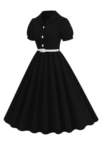 Schwarzes A-Linie V-Ausschnitt Midikleid mit kurzen Ärmeln aus den 1950er Jahren mit Gürtel