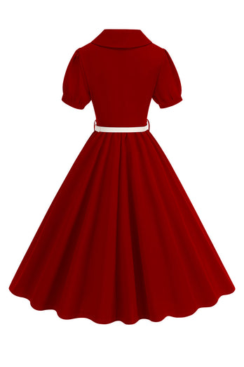 Schwarzes A-Linie V-Ausschnitt Midikleid mit kurzen Ärmeln aus den 1950er Jahren mit Gürtel