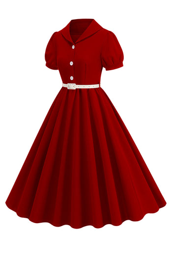 Schwarzes A-Linie V-Ausschnitt Midikleid mit kurzen Ärmeln aus den 1950er Jahren mit Gürtel