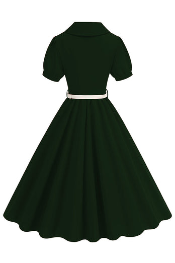 Schwarzes A-Linie V-Ausschnitt Midikleid mit kurzen Ärmeln aus den 1950er Jahren mit Gürtel