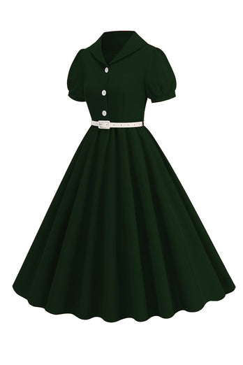 Schwarzes A-Linie V-Ausschnitt Midikleid mit kurzen Ärmeln aus den 1950er Jahren mit Gürtel