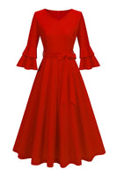 Laden Sie das Bild in den Galerie-Viewer, Aprikose A-Linie V-Ausschnitt halben Ärmeln Midikleid aus den 1950er Jahren