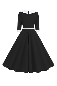 Schwarzes A-Linie V-Ausschnitt Midikleid mit kurzen Ärmeln aus den 1950er Jahren