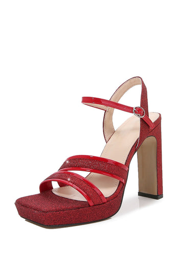 Damen Hoher Absatz Sandalen Offene Zehenpartie Rouge Pailletten Pumps mit dickem Absatz