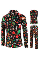 Laden Sie das Bild in den Galerie-Viewer, Schwarze Weihnachten bedruckte gekerbtes Revers 3 Stück Herrenanzüge