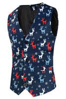 Laden Sie das Bild in den Galerie-Viewer, Dunkelblaue 3-teilige Herren Weihnachtsanzüge mit Elchdruck