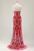 Laden Sie das Bild in den Galerie-Viewer, Glitzer Dunkelgrün Meerjungfrau trägerloses Pailletten Langes Korsett Ballkleid mit Perlen