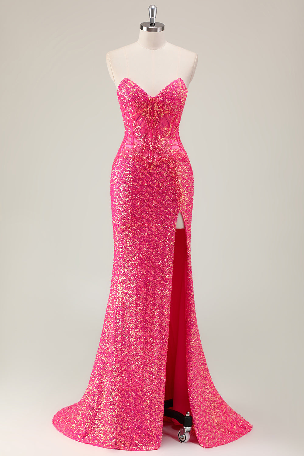 Glitzerndes fuchsia Meerjungfrauen trägerloses langes Ballkleid mit Schlitz