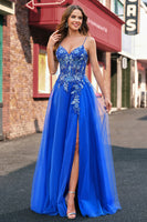 Laden Sie das Bild in den Galerie-Viewer, Königsblaues Tüll A-Linie Spaghettiträger Korsett Langes Ballkleid mit Schlitz