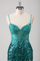 Laden Sie das Bild in den Galerie-Viewer, Pfauengrünes Meerjungfrauen Spaghettiträger langes Ballkleid mit Pailletten