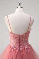 Laden Sie das Bild in den Galerie-Viewer, Koralle A-Linie Spaghettiträger Korsett Gestuftes langes Ballkleid mit Applikationen
