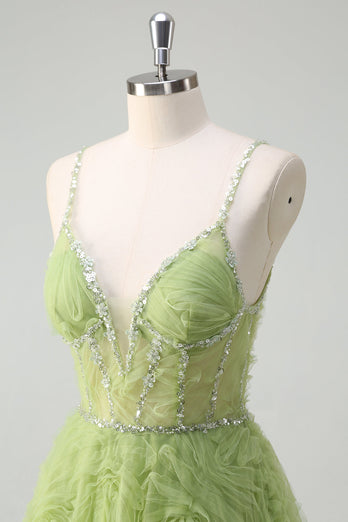 Glitzernde Pailletten Grüne Prinzessin Spaghettiträger Rüschen Langes Ballkleid