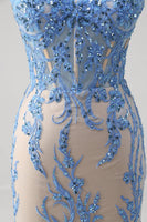 Laden Sie das Bild in den Galerie-Viewer, Blaues Meerjungfrauen Korsett Spaghettiträger Langes Ballkleid mit Pailletten