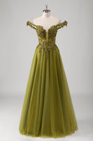 Laden Sie das Bild in den Galerie-Viewer, Olive Korsett A-Linie Schulterfreies Langes Ballkleid