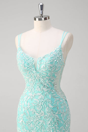 Glitzerndes Mint Meerjungfrauen Spitzenkleid mit Schlitz