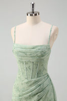 Laden Sie das Bild in den Galerie-Viewer, Meerjungfrau Blumen Korsett Gerafftes Langes Ballkleid mit Schlitz Dusty Sage
