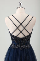 Laden Sie das Bild in den Galerie-Viewer, Glitzerndes marineblaues Spaghettiträger A Linie Langes Ballkleid mit Pailletten