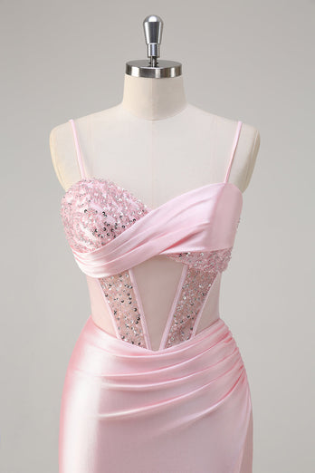 Glitzerndes Meerjungfrauen Rosa langes Pailletten Ballkleid mit Schlitz