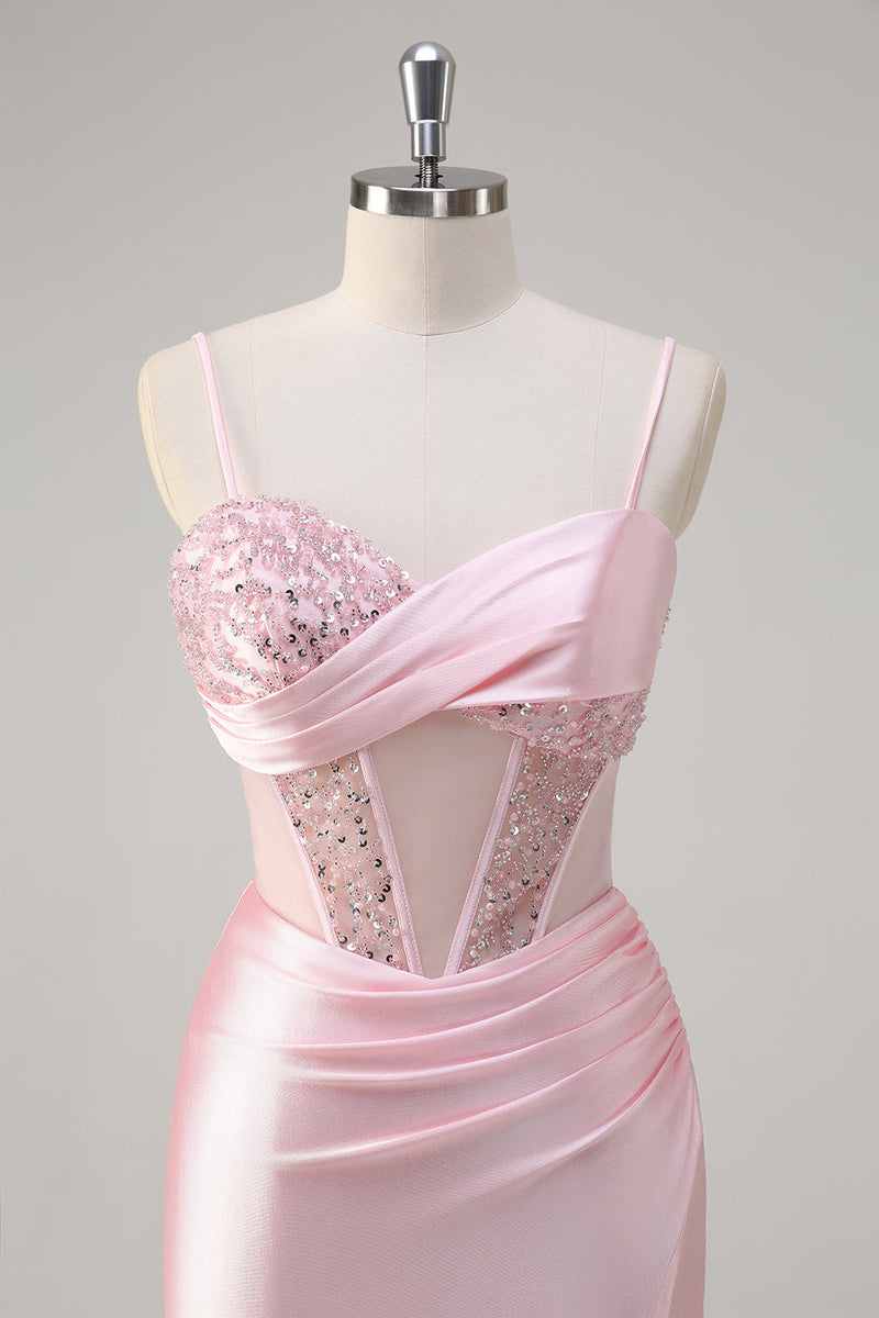 Laden Sie das Bild in den Galerie-Viewer, Glitzerndes Meerjungfrauen Rosa langes Pailletten Ballkleid mit Schlitz