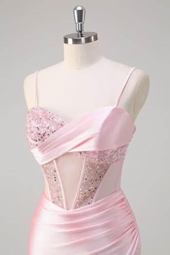 Glitzerndes Meerjungfrauen Rosa langes Pailletten Ballkleid mit Schlitz