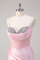 Laden Sie das Bild in den Galerie-Viewer, Rosa Meerjungfrau Spaghettiträger Korsett Ballkleid mit Schlitz