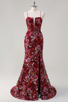 Laden Sie das Bild in den Galerie-Viewer, Glitzerndes burgunderrotes Meerjungfrauen Langes Pailletten Blumen Ballkleid mit Schlitz