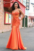 Laden Sie das Bild in den Galerie-Viewer, Orange Meerjungfrau Korsett Spaghettiträger Perlenbesetztes langes Ballkleid