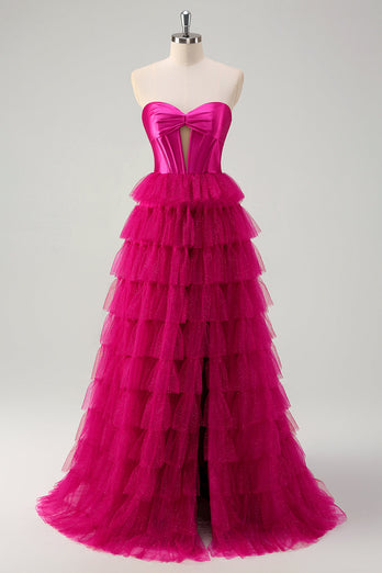 Fuchsia Prinzessin Trägerloses gestuftes Tüll Ballkleid