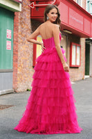 Laden Sie das Bild in den Galerie-Viewer, Fuchsia Prinzessin Trägerloses gestuftes Tüll Ballkleid