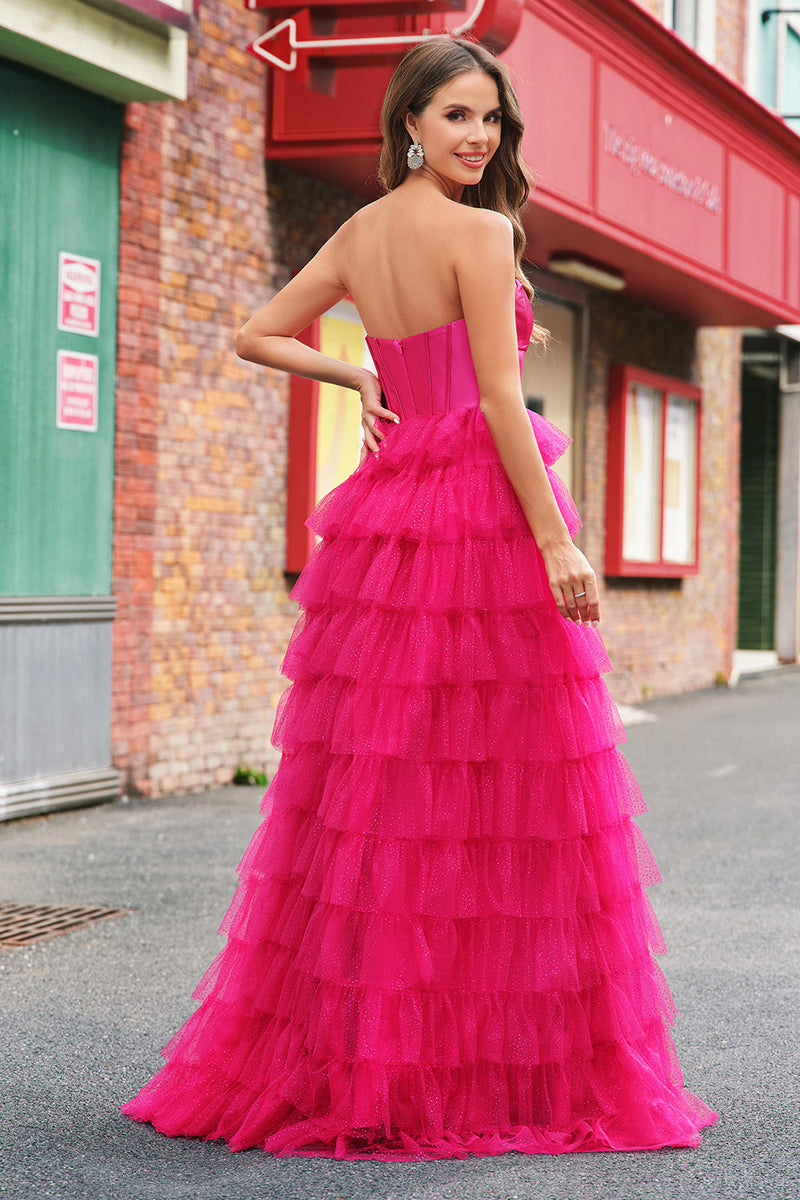 Laden Sie das Bild in den Galerie-Viewer, Fuchsia Prinzessin Trägerloses gestuftes Tüll Ballkleid