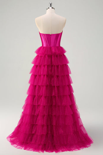 Fuchsia Prinzessin Trägerloses gestuftes Tüll Ballkleid